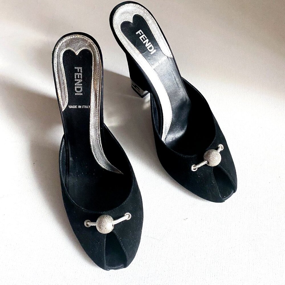 Fendi Black Velvet Silver Ball Accent Peep Toe Wedge Coctail Heels 39